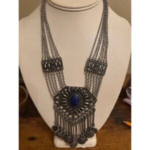 Boho Gypsy Coin Bib Necklace Bold Silver Statement With Blue Stone